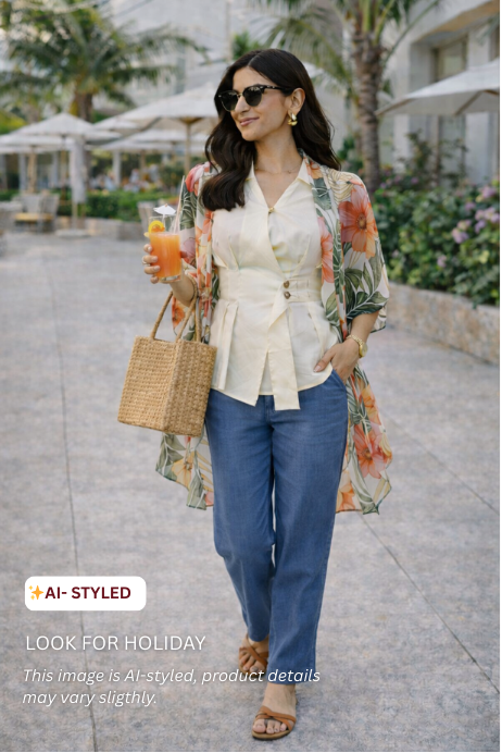 Woman in stylish outfit holding a drink outdoors with 'AI-Styled' label.